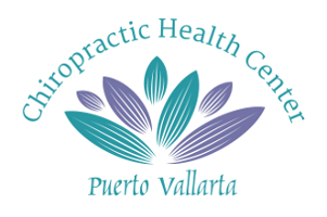 Puerto Vallarta Chiropractic Health Center Logo, Teal and Purple Leaves with fancy text.